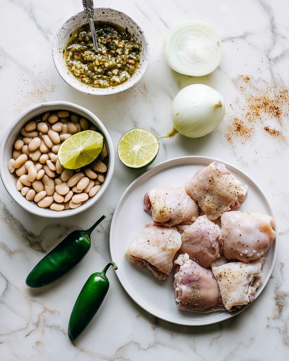The image shows an arrangement of raw food ingredients on a white marbled surface. On the right, a white plate holds six pieces of raw chicken thighs, light pink with some fatty white areas and sprinkled with coarse black pepper. Below and slightly to the left, a bowl of beige cooked beans is topped with a halved lime, bright green on the outside and pale green inside. Above the beans, a white bowl contains a green chunky salsa with visible seeds and bits of vegetables, and a small spoon resting inside. To the left of the salsa are two halves of a white onion with smooth layers, and two whole dark green jalapeño chilies lying next to them. Scattered around are additional lime wedges and some brownish spice dust. Photo taken with an iphone --ar 4:5 --v 7