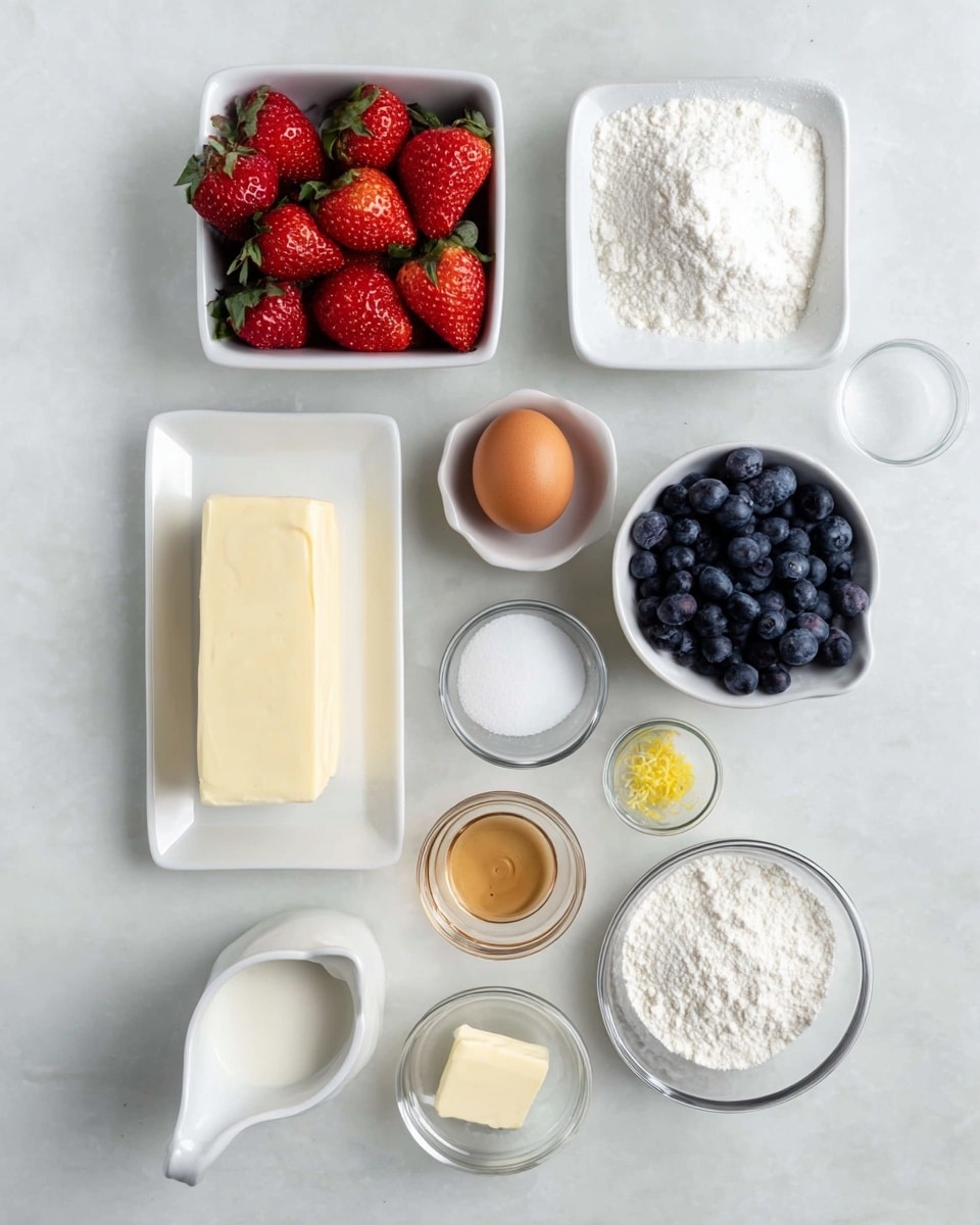 The image shows a clean flat lay of baking ingredients arranged on a white marbled surface. There are two small square white bowls, one filled with bright red strawberries with green leaves on the top left, and the other filled with dark blue blueberries at the bottom right. A rectangular white plate in the center holds a block of cream cheese. Small clear glass bowls contain a light brown liquid, white powdered sugar, white flour, and white granulated sugar. A small white pitcher with milk and a stick of pale yellow butter sit near the center. An egg with a light brown shell is placed near the middle. A tiny clear bowl holds what looks like lemon zest. The ingredients are spaced evenly and brightly lit, with shadows softly falling to the right. photo taken with an iphone --ar 4:5 --v 7