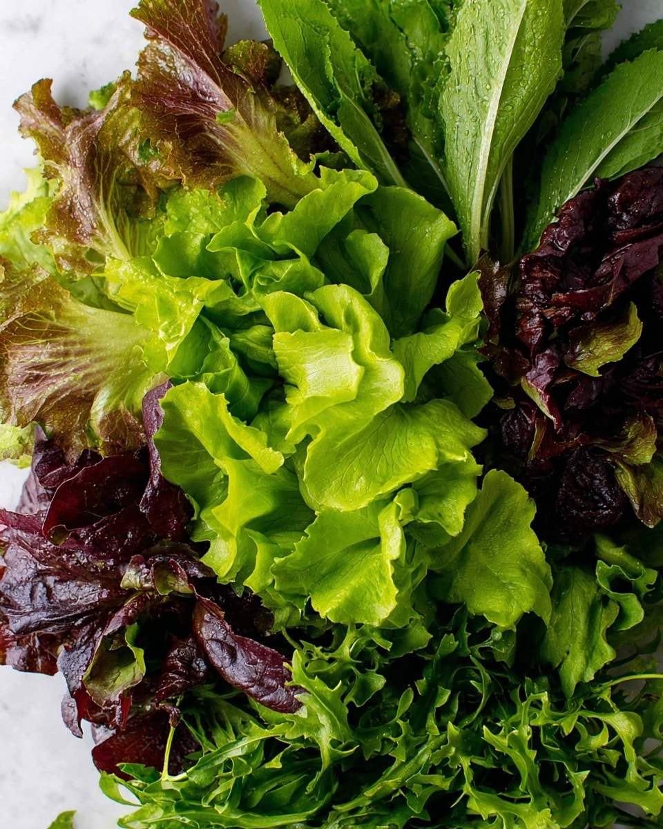 A close-up top view of a mix of fresh leafy greens showing multiple layers of different types of lettuce and leafy vegetables. The bottom layer is a mix of dark green and deep purple-red leaves with smooth and slightly curled edges. Above this are several layers of bright green leafy lettuce with ruffled, soft textures and some stems visible. At the top layer, there are longer, slightly tougher reddish-green leaves adding color contrast. All the leaves are fresh with visible veins and vary in size and shape, resting on a white marbled surface. photo taken with an iphone --ar 4:5 --v 7