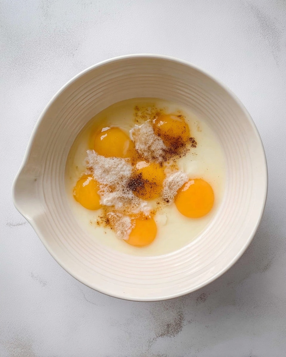 A white mixing bowl with a spout is sitting on a white marbled surface, containing six whole egg yolks with their clear whites, spread out unevenly inside the bowl. There are small piles of light brown sugar and a few dark brown specks of cinnamon or spice on top of the yolks and whites. The bowl has subtle ridges on its outer edge, and the overall color contrast is soft yellow from the yolks against the creamy white inside of the bowl, with the spices adding texture. photo taken with an iphone --ar 4:5 --v 7