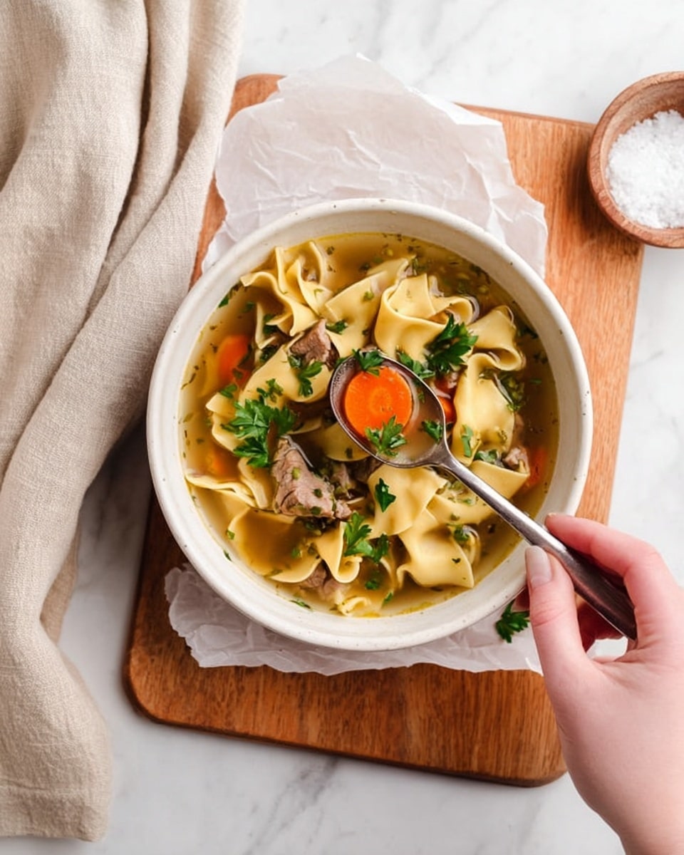 A white bowl filled with layered soup sits on crumpled white paper on a wooden board, placed on a white marbled surface. The soup has large yellow noodle pieces floating in clear broth, with orange carrot slices, small pieces of meat, and green parsley leaves on top. A woman's hand holds a metal spoon with some soup, lifting up a carrot slice above the bowl. A light beige cloth is on the left side of the board, and a small white container with coarse salt is in the bottom right corner. Photo taken with an iphone --ar 4:5 --v 7