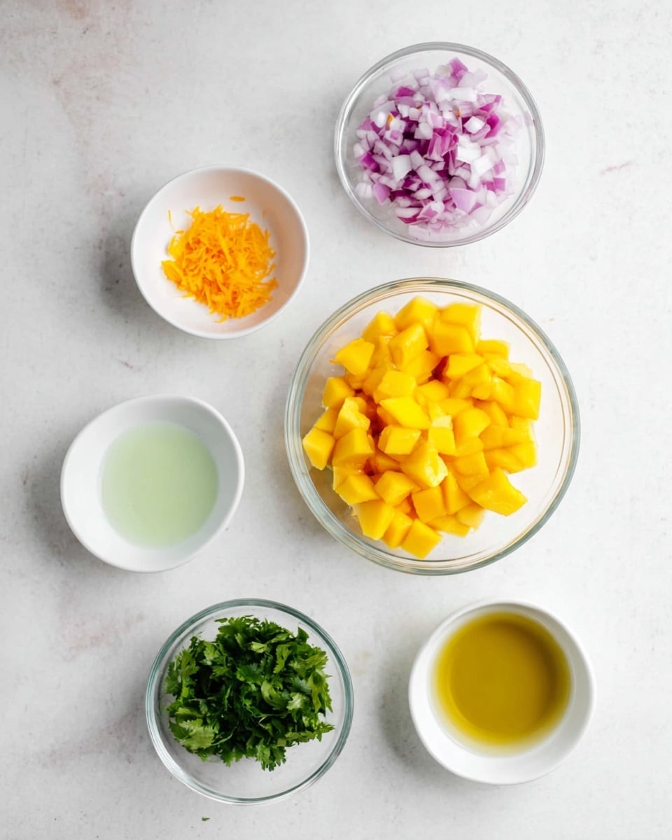 The image shows six small white bowls arranged on a white marbled surface. In the center bottom is a clear bowl filled with chopped bright yellow mango pieces. To the top right is a small white bowl filled with chopped red onions, with a mix of light purple and white colors. On the top left, there is a small clear bowl containing finely chopped orange zest. Below it, a small white bowl holds a pale green liquid, possibly lime juice. To the right of that is another clear bowl filled with a golden yellow oil. On the bottom left, a small white bowl contains chopped fresh green cilantro leaves. The bowls are spaced apart neatly, creating a clean and organized look. photo taken with an iphone --ar 4:5 --v 7