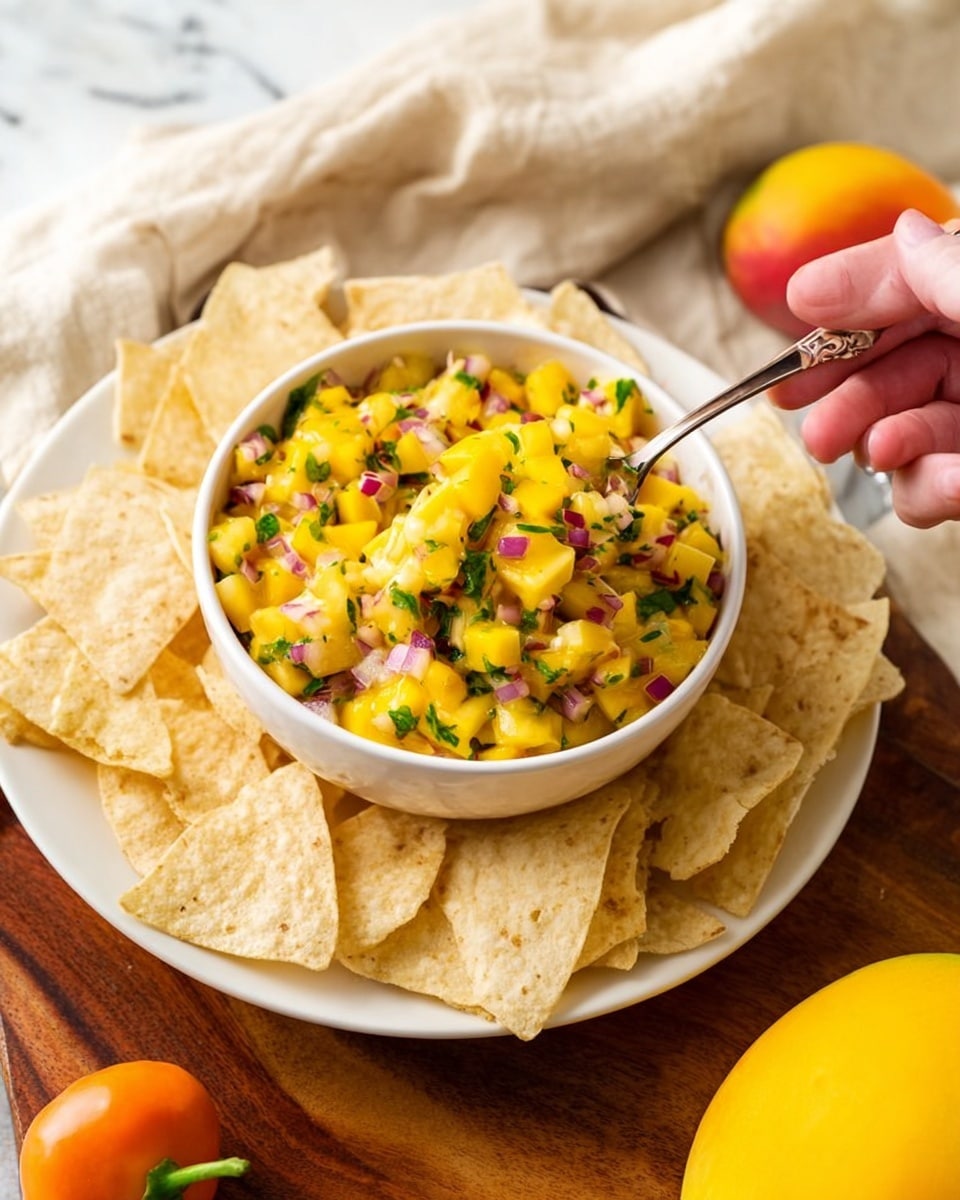 A white bowl filled with bright yellow mango salsa, mixed with small pieces of red onion and green herbs, placed on a white plate full of light beige tortilla chips. A woman's hand holds a spoon dipping into the salsa. The setup is on a wooden table with a beige cloth on the side and a whole yellow mango and a small orange pepper nearby. The background surface is white marbled. Photo taken with an iphone --ar 4:5 --v 7