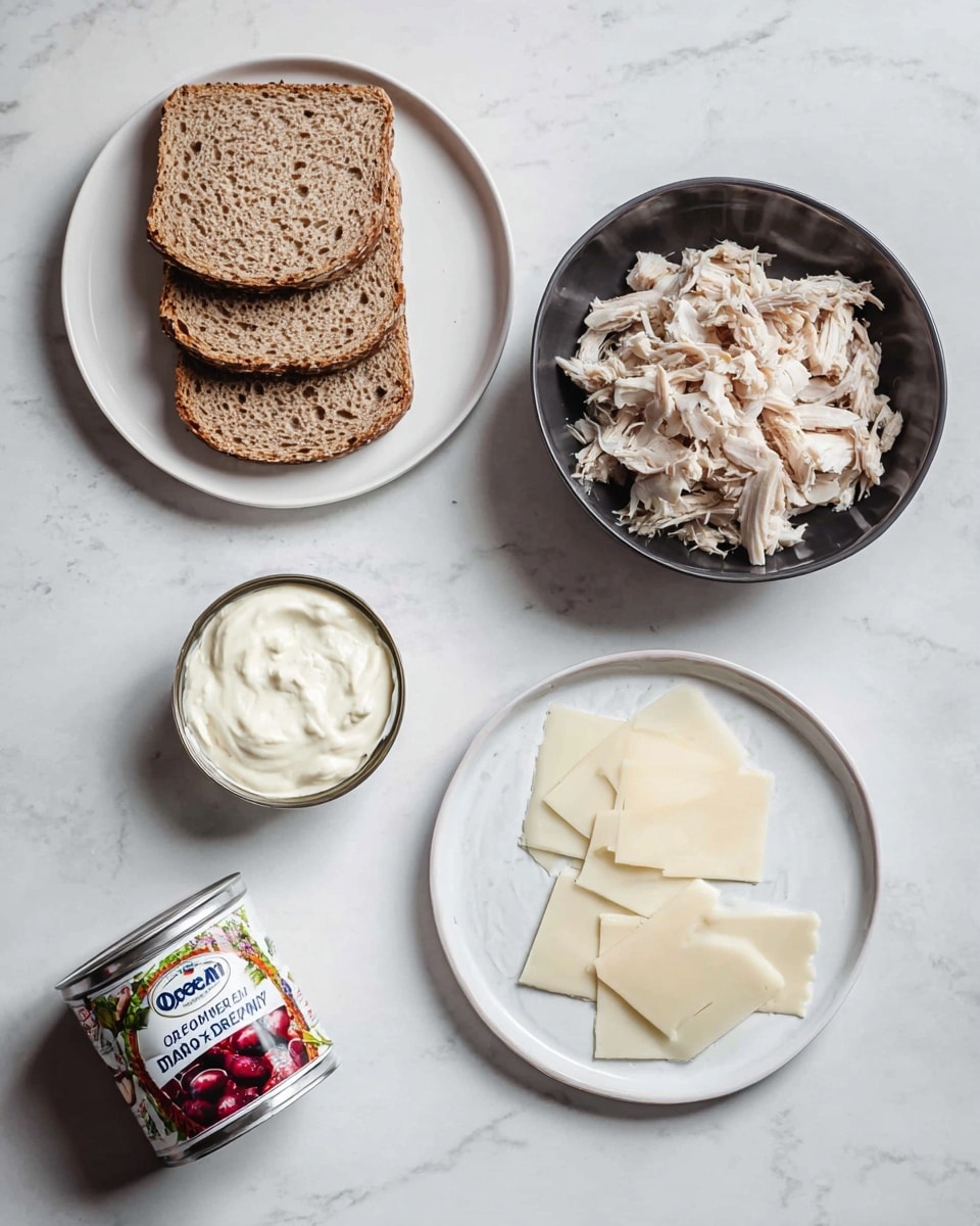 The image shows four items placed on a white marbled surface: at the top left, a white plate holds four slices of brown bread stacked unevenly, with a coarse texture and visible air holes; to the right, a black bowl contains shredded cooked chicken with light beige and white shades; below the bowl, a small white jar filled with smooth, creamy white mayonnaise sits next to a can of Ocean Spray whole berry cranberry sauce, with a silver top and a colorful label featuring red cranberries; at the bottom right, a white plate carries several thin, uneven white cheese slices with a slightly rough texture. photo taken with an iphone --ar 4:5 --v 7