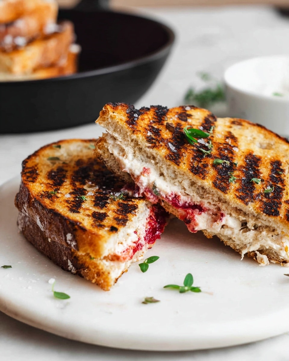 A white plate holds a grilled sandwich cut into two uneven halves showing three layers inside: light golden toasted bread with dark grill marks on the outside, a melty creamy white cheese layer in the middle, and a thick red berry jam layer. The top side of the sandwich is sprinkled with bright green parsley leaves. The plate sits on a white marbled surface, and in the background, there is a white ramekin filled with the same red berry jam. The sandwich edges have slight crispiness, and some bits of jam and parsley are scattered casually around. Photo taken with an iphone --ar 4:5 --v 7