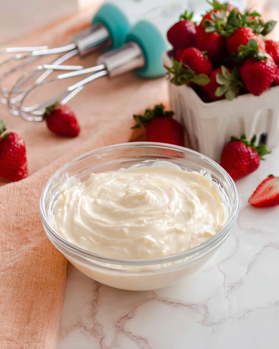 A clear glass bowl filled with smooth, thick, light cream in an even swirl occupies the foreground on a white marbled surface. To the side of the bowl, a silver hand mixer with turquoise handles rests, ready for use. In the background, a white container is filled with bright red strawberries with green leaves, some of which are scattered loosely on the white marbled surface. A soft peach-colored cloth lies under the container, adding warmth to the scene. The setting is well-lit with a gentle, natural light. Photo taken with an iphone --ar 4:5 --v 7