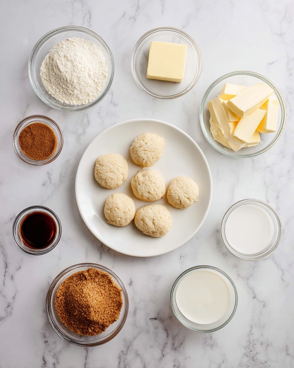 The image shows a collection of ingredients arranged on a white marbled surface. At the center, a white plate holds eight small, round dough pieces that are light beige with a soft texture. Surrounding the plate, there are small glass bowls containing various ingredients: at the bottom center, a bowl with light brown sugar that has a crumbly texture; to its right, a bowl with a square piece of pale yellow butter; at the bottom right, a bowl with a white liquid, likely milk or cream; at the top right, a bowl with several slices of pale yellow butter; at the top center, a bowl filled with white granulated sugar; at the top left, a bowl of ground cinnamon with a fine, brown powder texture; and at the bottom left, a small amount of dark brown vanilla extract in a clear bowl. The arrangement is neat and organized, all items on a clean white marbled surface, photo taken with an iphone --ar 4:5 --v 7
