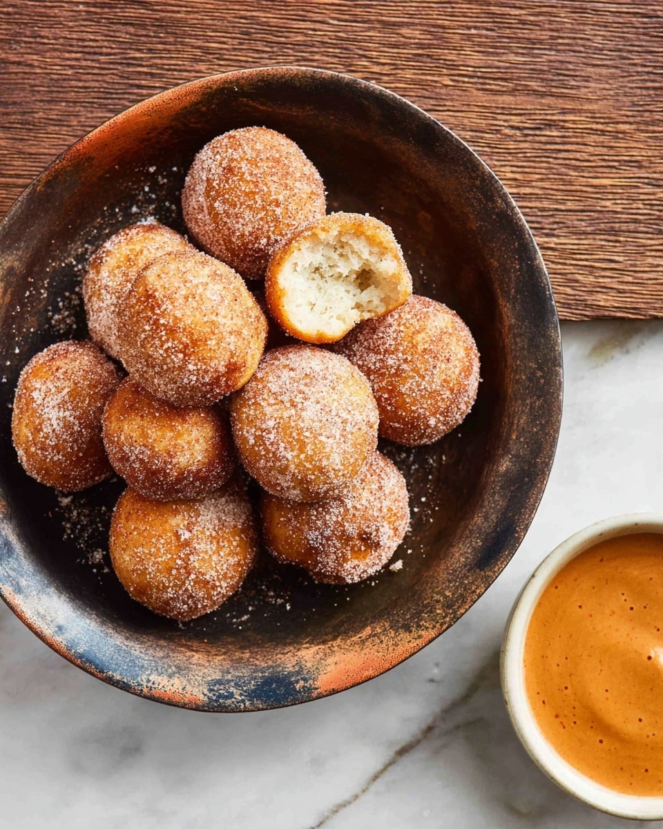 A stack of about ten golden brown, round donut holes with a slightly rough, sugar-coated texture sits in the center of a dark, rustic pan that shows signs of heavy use with patches of faded color and wear. One donut hole is split in half, revealing a soft, light, fluffy inside. To the right of the pan, there is a white bowl filled with a smooth, amber-colored dipping sauce. The pan and the bowl rest on a white marbled surface that adds a clean, soft contrast to the scene. Photo taken with an iphone --ar 4:5 --v 7