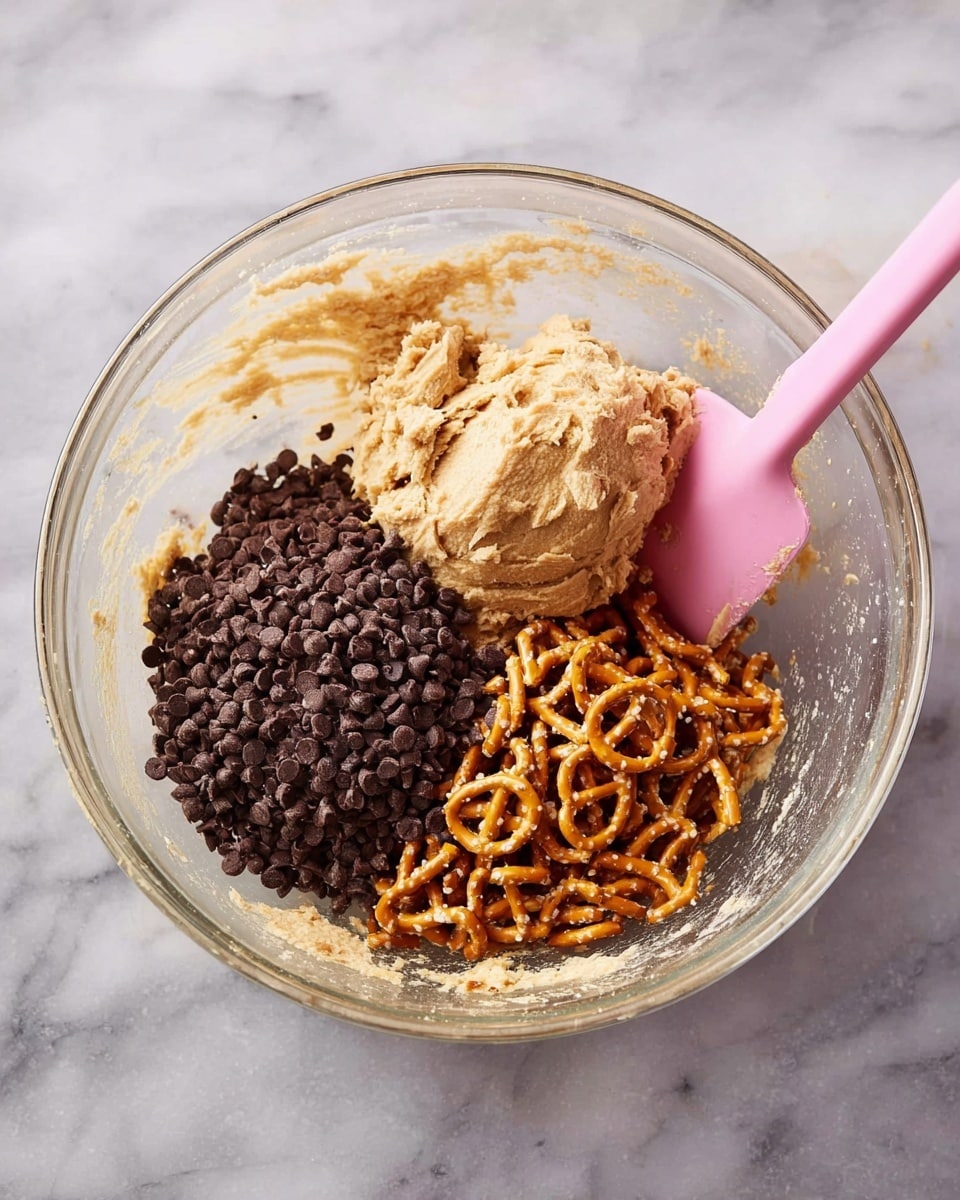 A clear glass bowl sits on a white marbled surface, containing three main parts separate but ready to be mixed: a large pile of dark brown chocolate chips on the left, a mound of light beige dough with a soft, creamy texture on the right held by a pink spatula, and a heap of broken pretzel pieces with a golden brown color at the bottom. The bowl's inside edges show some smears of the dough. photo taken with an iphone --ar 4:5 --v 7