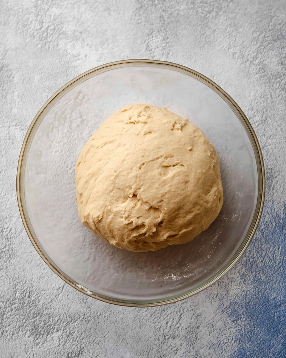 A single round ball of dough with a smooth, slightly cracked surface sits in the middle of a clear glass bowl. The dough is pale beige with small uneven textures, showing softness and slight elasticity. The bowl rests on a white marbled textured surface. photo taken with an iphone --ar 4:5 --v 7