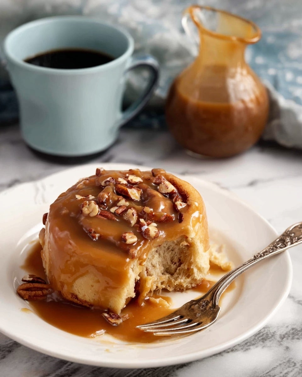 A close-up view of nine cinnamon rolls arranged closely together on a white marbled surface, with the front two rolls slightly separated to show the edges. Each roll has a light brown base layer of soft dough rolled into spiral shapes with a darker brown cinnamon filling visible in the swirls. The top layer is a shiny caramel-colored glaze that covers the rolls unevenly, dripping slightly along the sides, and small pieces of chopped pecans are scattered both on the glaze and the white marbled surface. The texture looks soft and moist with a golden baked color around the edges of each roll. photo taken with an iphone --ar 4:5 --v 7