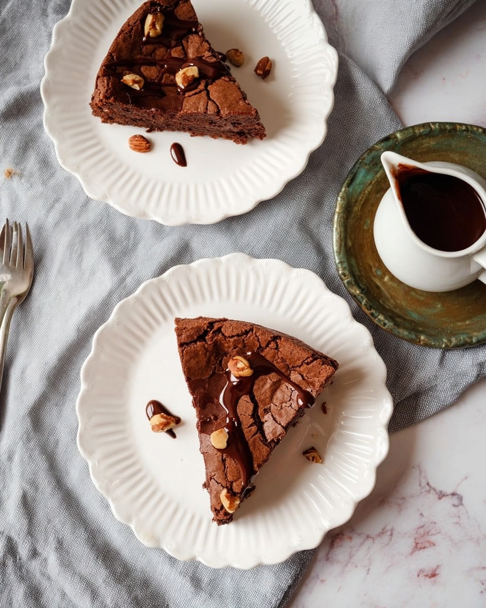 The image shows two slices of chocolate cake, each placed on a white scalloped plate. The cake has a cracked surface with a rich brown color and looks soft inside. One slice is topped with a drizzle of dark chocolate sauce and small pieces of nuts scattered on top. The plates rest on a soft gray cloth on a white marbled surface. To the right, there is a small white pitcher on a greenish-gold metal dish, partially filled with chocolate sauce. A silver fork lies near the top left corner of the image. photo taken with an iphone --ar 4:5 --v 7