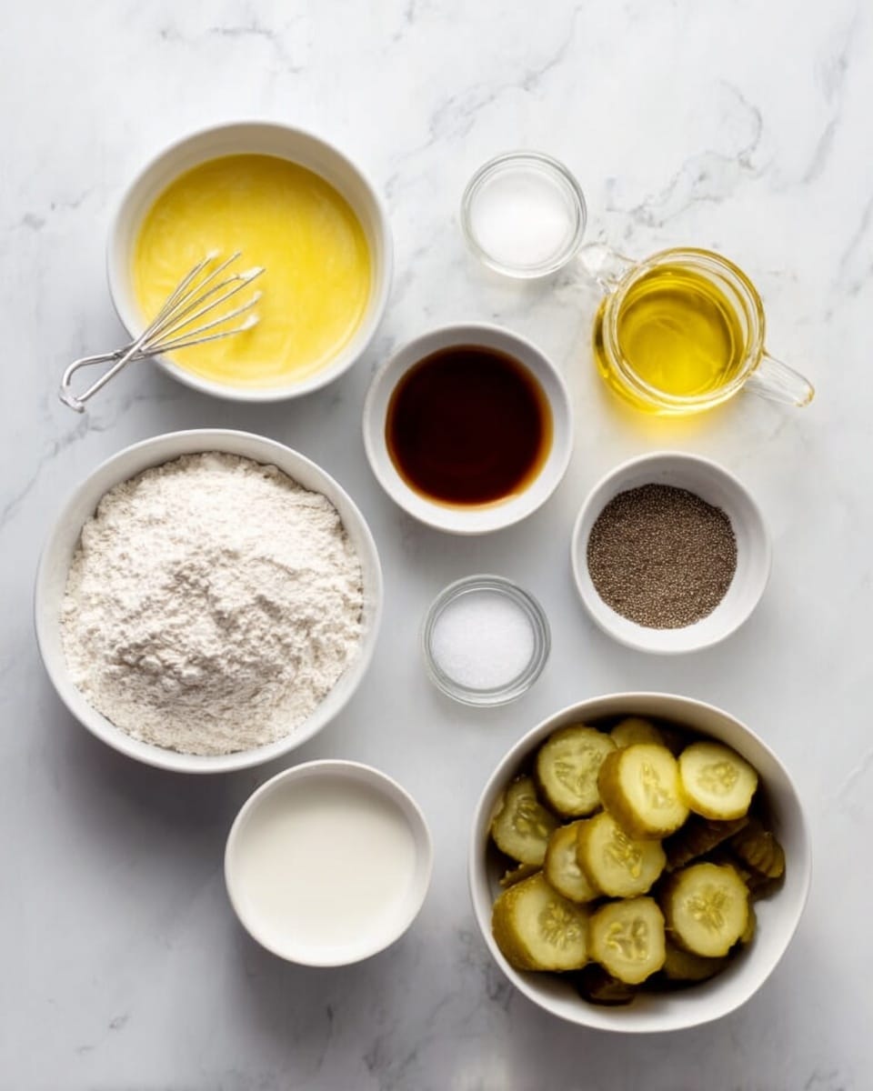 The image shows seven small white bowls arranged on a white marbled surface, each holding different ingredients. The largest bowl is filled with white flour that has a small mound in the center. Next to it, a bowl with beaten yellow egg mixture has a small metal whisk resting inside. A bowl with white liquid, likely milk or cream, sits nearby. Another bowl holds a dark brown liquid, possibly vanilla or soy sauce. A small clear bowl is filled with granulated white sugar, and another small bowl contains black pepper seeds. Finally, a larger white bowl is filled with sliced pickles showing their greenish-yellow color. A clear glass jar of light golden oil completes the setup. Photo taken with an iphone --ar 4:5 --v 7
