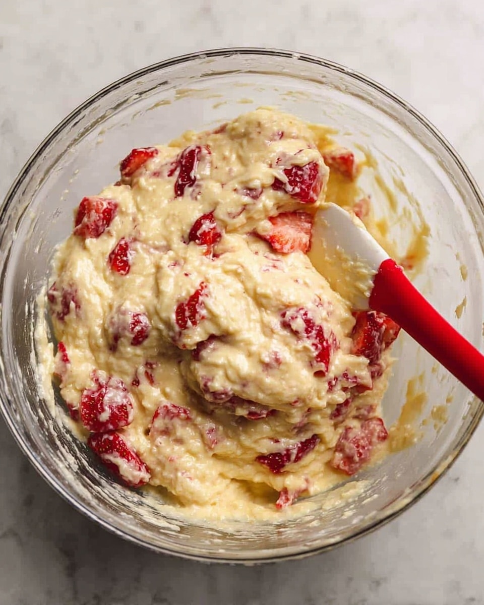 A clear glass bowl holds a thick, creamy batter mixed with many chunks of red strawberries scattered evenly throughout. The batter is light yellow with a smooth yet slightly lumpy texture. A red and white spatula is partly stuck in the batter, showing some batter on its flat surface. The bowl sits on a white marbled surface. photo taken with an iphone --ar 4:5 --v 7