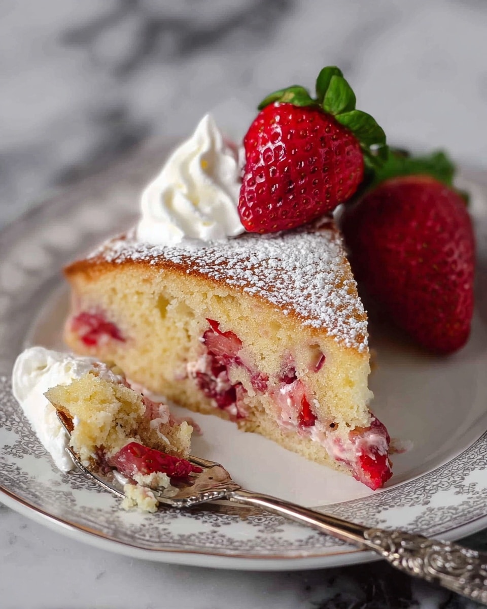 A round, golden-baked cake with a soft texture and red berries mixed inside, cut to show the moist inside. On top, there is a thick layer of white whipped cream placed near the center, decorated with fresh, bright red strawberry slices. The cake is lightly dusted with white powdered sugar, sitting on a clear, patterned glass plate over a white marbled surface. photo taken with an iphone --ar 4:5 --v 7