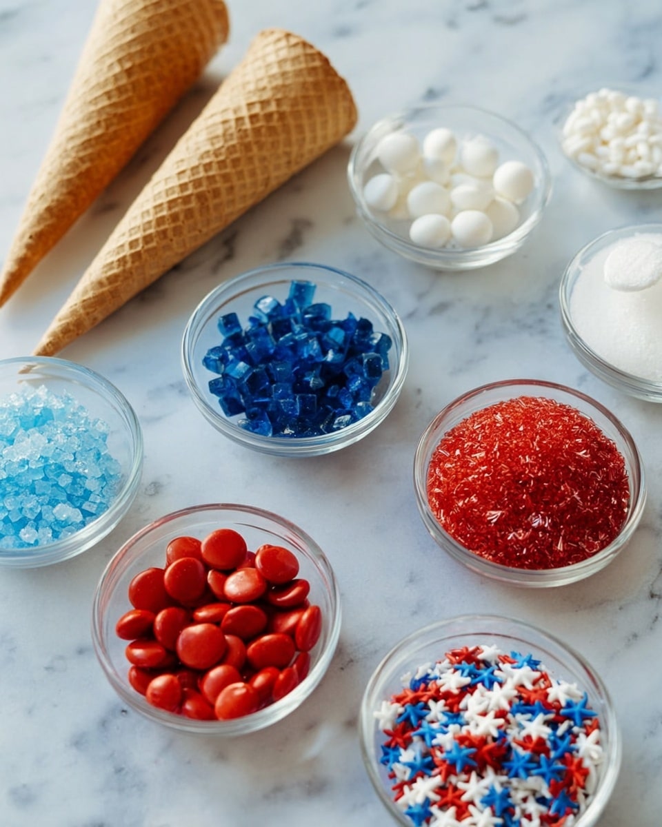 A white marbled surface holds multiple small clear glass bowls arranged in a casual pattern. Each bowl is filled with different colorful decorations: one with small blue candy melts, one with white round candy melts, another with red round candy melts, a bowl of blue sugar crystals, a bowl of white sugar crystals, a bowl of red sugar crystals, and a bowl with red, white, and blue star-shaped sprinkles. Two light brown waffle cones are placed side by side near the top left. The scene uses soft lighting, highlighting the varied textures and colors of the candies. Photo taken with an iphone --ar 4:5 --v 7