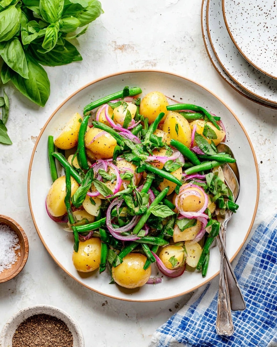A white plate with a thin beige rim holds a fresh salad made of three main layers. The bottom layer shows small, whole yellow potatoes, some halved, with a soft texture and a light golden color. Above them, there is a layer of bright green beans, long and crisp, placed evenly all over the potatoes. On top, thin slices of red onion with pink and white rings are scattered along with chopped fresh green basil leaves, adding color and a leafy texture. The salad is lightly seasoned with coarse black pepper sprinkled across, and two silver spoons rest on opposite sides of the plate. The scene is set on a white marbled surface with fresh green basil leaves to the left, a small brown bowl of salt and pepper mixture below, and a stack of white plates with black speckles to the right on a blue and white checkered cloth. Photo taken with an iphone --ar 4:5 --v 7
