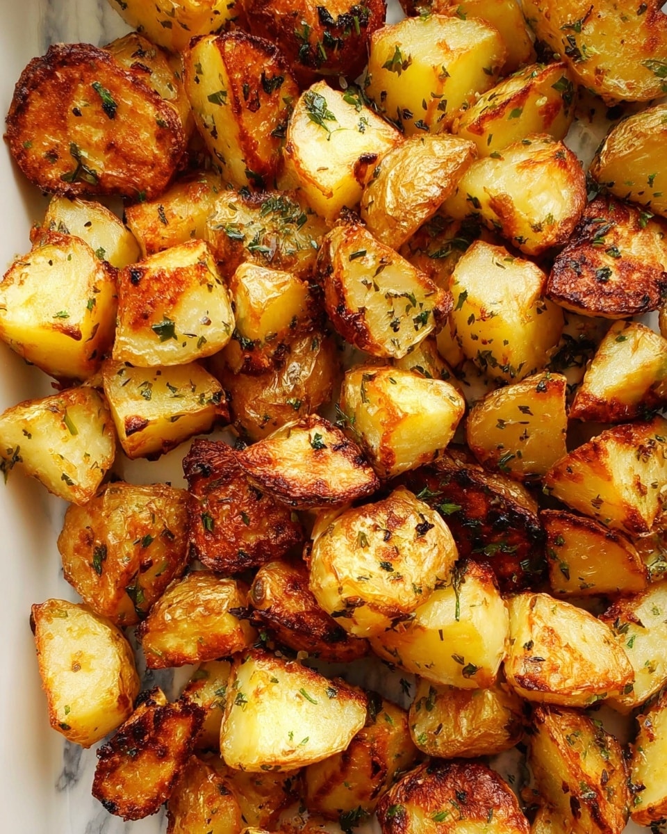 The image shows many roasted potato chunks piled together, each piece varying in size and shape with a golden brown, crispy outside and a soft, pale yellow inside. The potatoes are seasoned with small bits of green herbs scattered evenly across them, adding to the texture and color contrast. The roasted edges have a slightly dark, caramelized finish, giving a rich, warm look to the dish. The whole dish rests on a white surface with a marbled texture, filling the frame closely. photo taken with an iphone --ar 4:5 --v 7