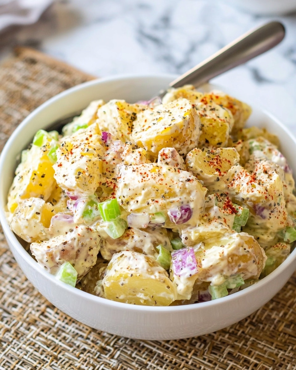 A white bowl filled with a creamy potato salad showing about three layers of ingredients: the base is made of light yellow potato chunks with skin on, mixed evenly with small pieces of green celery and finely chopped purple onion, all coated in a thick white dressing. The top is sprinkled with black pepper and a light dusting of reddish paprika, giving a slight speckled texture over the creamy surface. A silver fork rests inside the bowl, and the bowl sits on a textured woven mat with a white marbled texture background. photo taken with an iphone --ar 4:5 --v 7