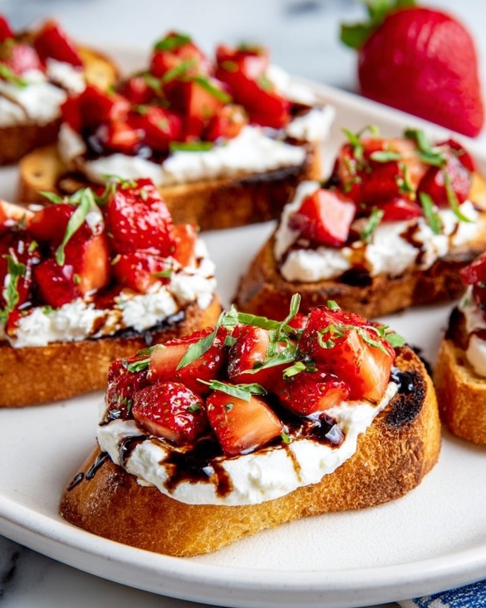 The image shows nine pieces of toasted bread, each topped with a thick layer of white cream cheese, bright red chopped strawberries, and thin green basil strips. The strawberries look juicy and shiny, and a dark balsamic glaze is drizzled over them and the bread, adding contrast. The toasts are placed on white parchment paper inside a white plate with a subtle speckled pattern. One whole strawberry with a green stem is also on the plate. The plate is on a white marbled surface with some green basil leaves nearby, adding freshness to the scene. photo taken with an iphone --ar 4:5 --v 7