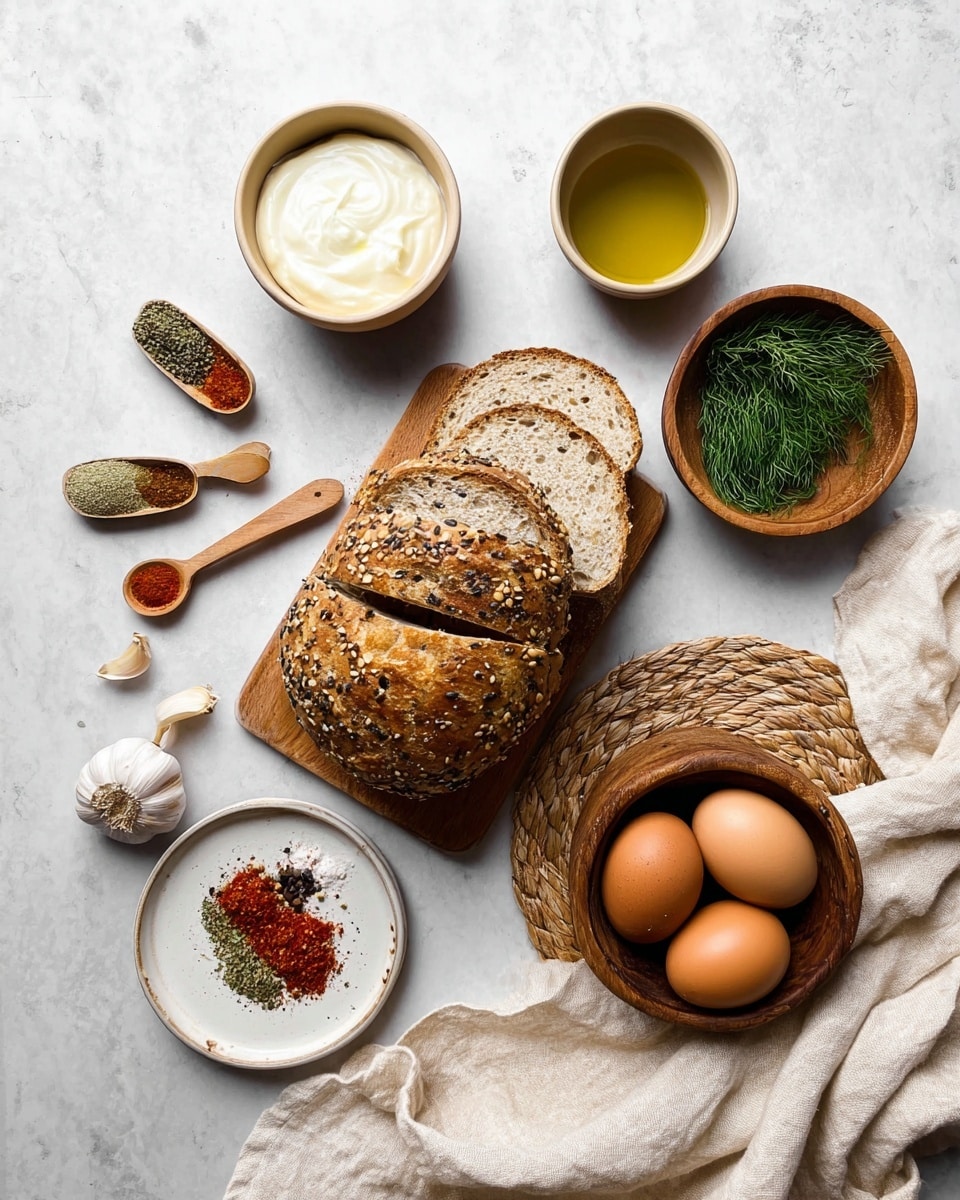 The image shows a loaf of multi-seed bread, partly sliced into four pieces, placed on a small wooden cutting board in the center on a white marbled surface. Below the bread is a small round white plate with red and green spices, resting on a round woven mat. To the right of the bread is a beige bowl holding four brown eggs, placed on a crumpled cream cloth. Above the bread, there are two small bowls: on the left is a beige bowl filled with smooth white mayonnaise, and on the right is a wooden bowl with fresh green dill. Between them is a small cup with a greenish-yellow liquid, likely olive oil. On the left side, four wooden spoons hold different colorful spices and a garlic clove is placed near them. Photo taken with an iphone --ar 4:5 --v 7