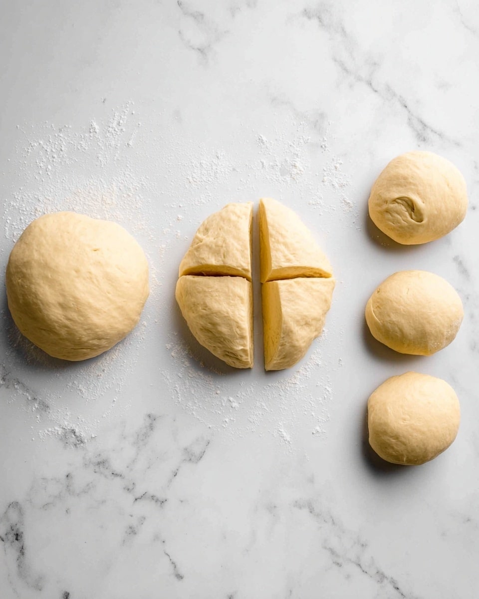 The image shows three stages of dough preparation on a white marbled surface. On the left, there is one smooth, round dough ball with a light beige color. In the center, the dough ball is cut into four equal pieces, each piece showing a soft, slightly elastic texture with a creamier inner side. On the right, the four dough pieces are shaped into smaller smooth round balls, evenly spaced apart, all in the same light beige color. photo taken with an iphone --ar 4:5 --v 7
