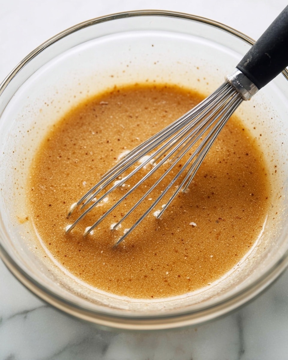 A clear glass bowl filled with a smooth, light brown mixture speckled with tiny dark particles, showing a slightly thick and glossy texture. Inside the bowl, a metal whisk with a black handle is partially submerged, with some of the mixture coating its wires. The bowl is placed on a white marbled surface, highlighting the warm tones of the mixture. photo taken with an iphone --ar 4:5 --v 7