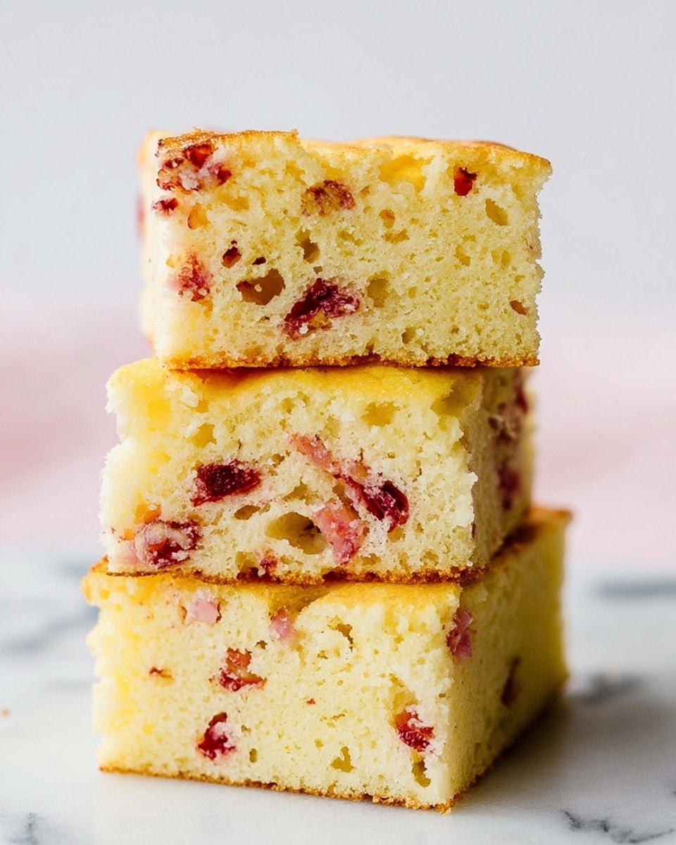 The image shows three square pieces of light yellow cake stacked on a white marbled surface, with one piece placed on top of two others. Each piece has a soft, fluffy texture with small holes throughout, and bits of reddish fruit scattered inside and on the top edges, creating spots of deep red and pink. The cake's bottom edges are slightly browned, giving a subtle contrast to the pale yellow inside. The background is plain and softly lit, highlighting the cake's crumbly texture and colorful fruit chunks. Photo taken with an iphone --ar 4:5 --v 7