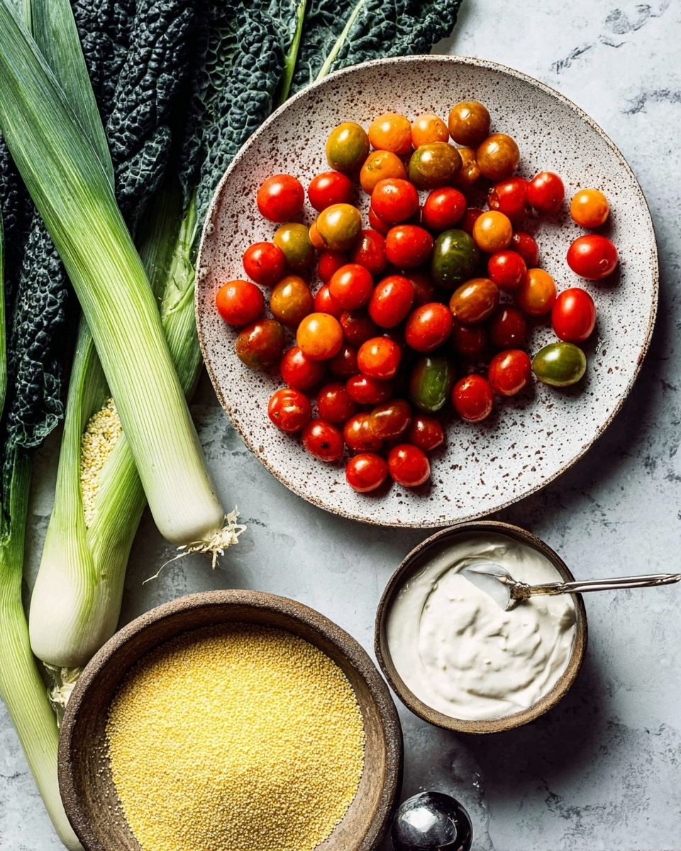 A round white speckled plate filled with many small red and orange cherry tomatoes takes up the upper center. To the left, there are three long green leeks and dark green leafy kale arranged side by side, all lying on a white marbled surface. In the lower right corner, a white bowl holds yellow cornmeal with a metal scoop resting inside. Below it, there is a rustic brown bowl filled with smooth white sour cream and a spoon. Photo taken with an iphone --ar 4:5 --v 7