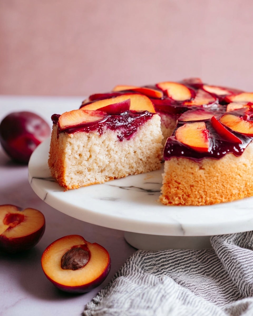 A white cake stand holds a round cake with one slice removed. The cake has two layers: the bottom layer is light beige and fluffy with a soft texture, while the top layer is made of sliced plums in red and orange colors, mixed with a dark red syrup. The cake sits on a white marbled surface with a folded grey and white striped cloth nearby. Halved plums with their pits are placed around the cake. The background is soft pink. Photo taken with an iphone --ar 4:5 --v 7