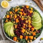 California Roasted Sweet Potato Kale Salad with Spicy Pistachios and Tahini Dressing Recipe