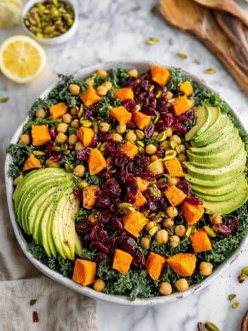 California Roasted Sweet Potato Kale Salad with Spicy Pistachios and Tahini Dressing Recipe