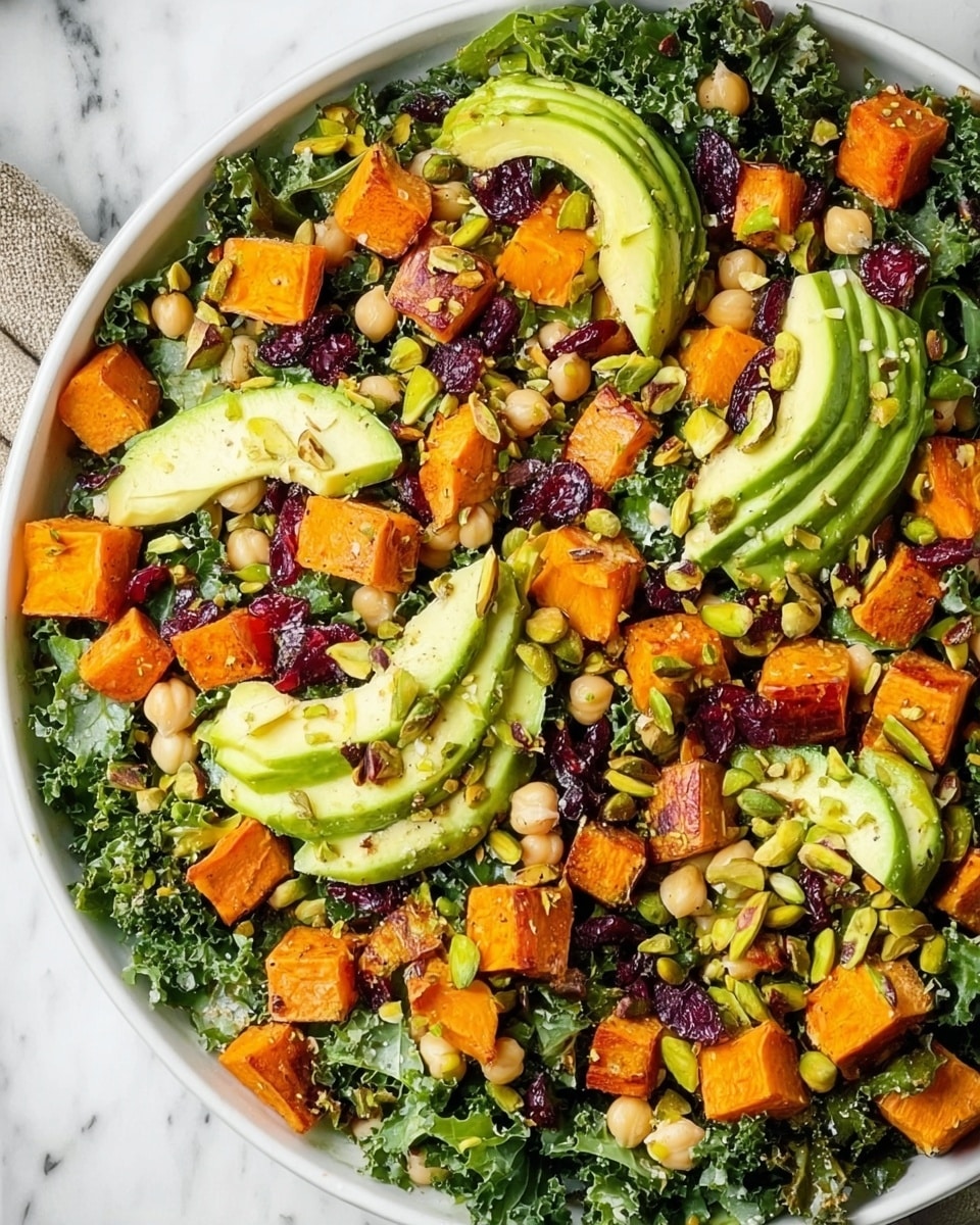 The dish is a colorful salad served in a large white bowl on a white marbled surface. The base layer is dark green kale leaves covering the bowl thickly. On top of the kale, there are bright orange cubes of roasted squash scattered evenly all over. Several slices of light green avocado, fanned out neatly, are placed around the bowl. Red dried cranberries are sprinkled throughout, adding a deep reddish-purple color. Light yellow chickpeas are dotted all over, providing a small round shape layer. Finally, there are toasted green pistachios scattered all over for texture, and a light dusting of black pepper on top. In the background, there are lemon wedges and wooden utensils. Photo taken with an iphone --ar 4:5 --v 7