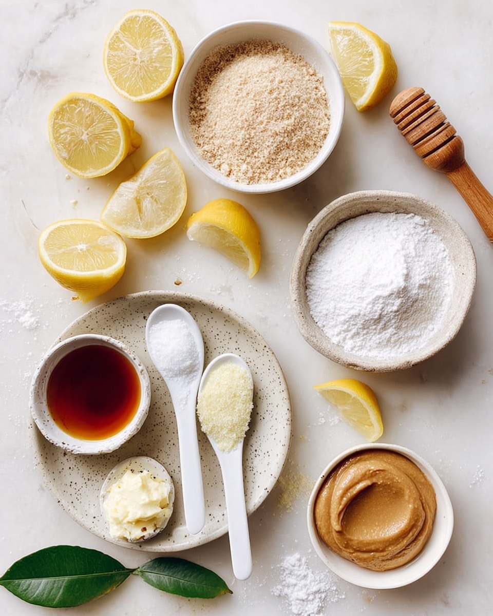 This image shows several small white bowls and spoons arranged on a white marbled surface. There are six lemon halves scattered around the bowls, with a wooden lemon squeezer near the top right. One bowl contains a light brown grainy mixture, another bowl holds a white powdery substance, and a smaller bowl has a light brown, smooth puree. Two white spoons rest on a speckled white plate, each holding a different ingredient – one has a light yellow paste, and the other a white powder. A small white bowl holds a dark amber liquid. The items are spread out neatly with a green leaf for decoration. Photo taken with an iphone --ar 4:5 --v 7