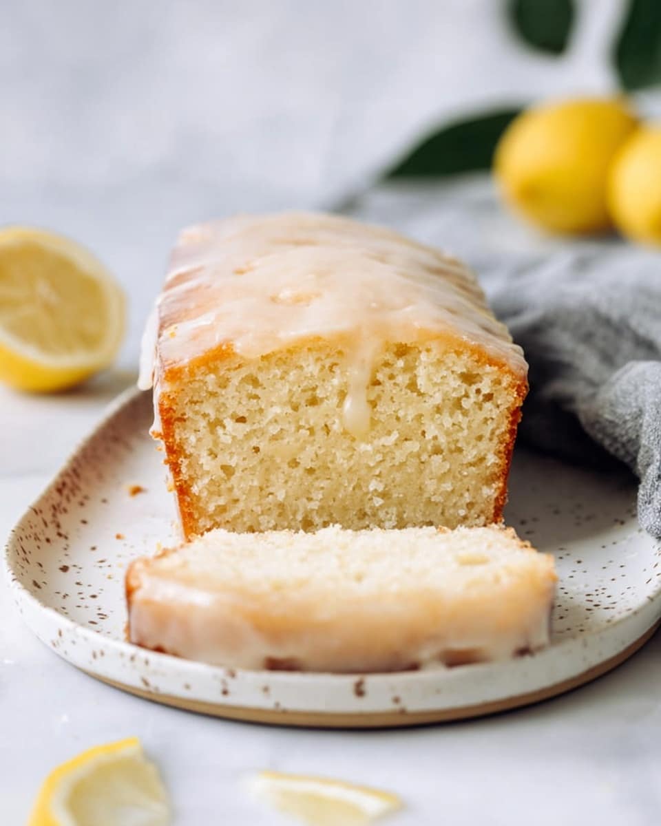 A loaf of lemon cake with a smooth, pale yellow icing layer covers the top, sitting on a white speckled plate. The cake has been sliced, showing a soft, light golden interior with a fine crumb texture. Around the plate are lemon halves and whole lemons, adding bright yellow color contrasts. To the right of the plate is a small round bowl with leftover pale yellow icing and a white spoon. A soft blue-gray cloth is draped gently in the bottom left corner over a white marbled surface. Some green leaves peek into the frame from the lower left corner, adding a fresh natural touch. Photo taken with an iphone --ar 4:5 --v 7