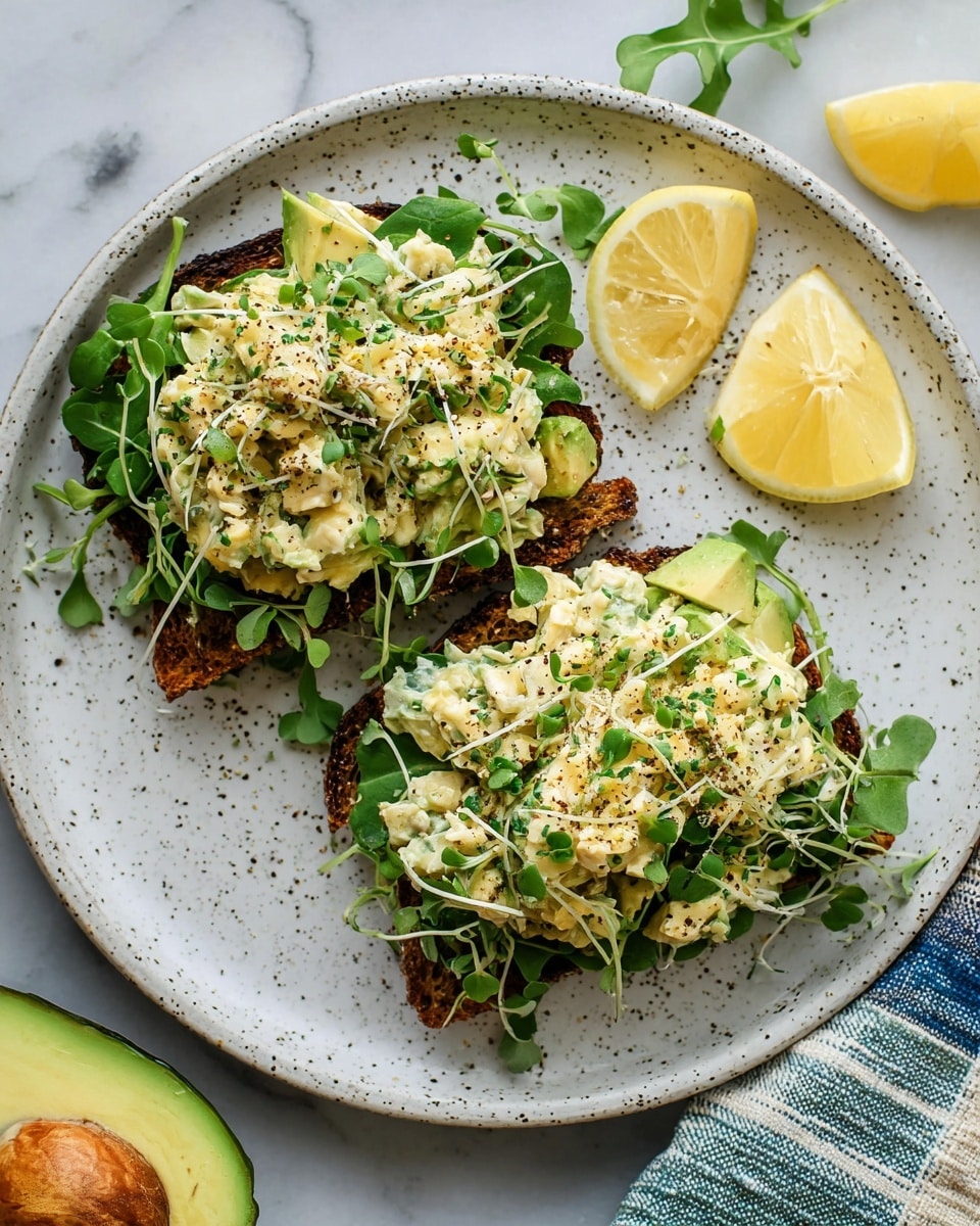 The image shows two open-faced sandwiches on a white plate with small speckles, placed on a white marbled surface. Each sandwich has a base of dark toasted bread topped with a layer of fresh green leafy sprouts. On top, there is a chunky salad mix with creamy texture, pale yellow and green colors, including pieces of avocado and herbs, sprinkled with black pepper. Beside the sandwiches, there are two lemon wedges with a bright yellow color and juicy texture. Part of a halved avocado with a seed is visible at the bottom left corner. A piece of striped cloth in blue, white, and green is partially visible on the right edge. photo taken with an iphone --ar 4:5 --v 7