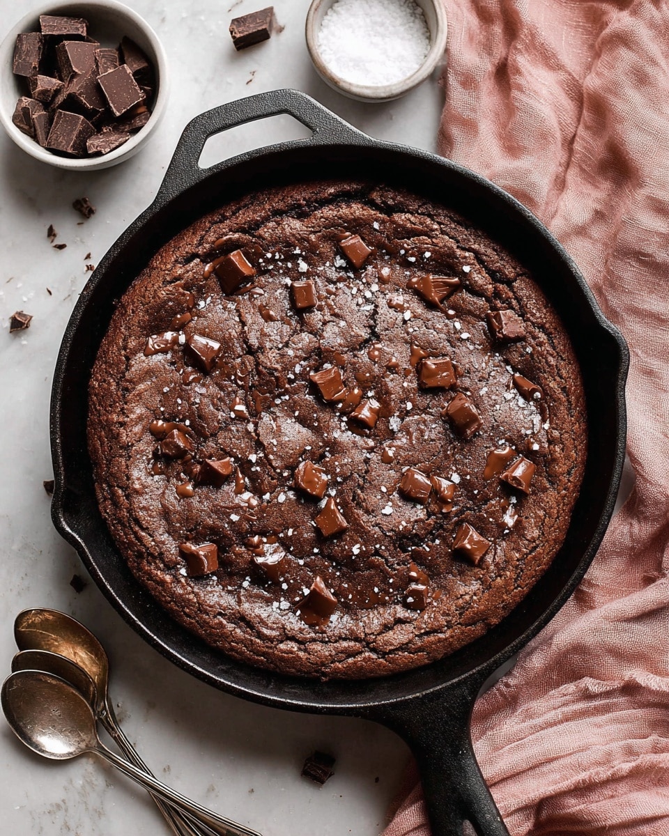 A large round chocolate dessert in a black cast iron pan has one scoop of vanilla ice cream placed in the center, melting slightly and creating a creamy pool. The dessert has two visible layers: the top layer is a baked chocolate crust with chunks of melted chocolate spread unevenly, showing a rough and cracked texture in dark and light brown shades. The bottom layer is a moist, dense, and rich dark chocolate cake that is thick and fudgy in texture. A spoon is scooping some of the cake, displaying the contrast between the soft inside and the firm top layer. The pan is set on a white marbled surface with some small chocolate pieces and salt flakes scattered around. Photo taken with an iphone --ar 4:5 --v 7