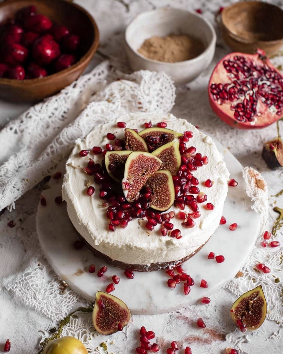 A round cake with two layers covered in thick white cream sits on a white marbled surface. The top layer is decorated with pomegranate seeds scattered all over and several quartered figs arranged in a small pile in the center. Around the cake, there are loose pomegranate seeds and pieces of fig on the white marbled surface. In the background, there are white cloths with lace patterns and a halved pomegranate showing red seeds inside. Nearby are a wooden bowl filled with red berries and another white bowl with brown powder, along with some yellow husk tomatoes placed randomly. Photo taken with an iphone --ar 4:5 --v 7