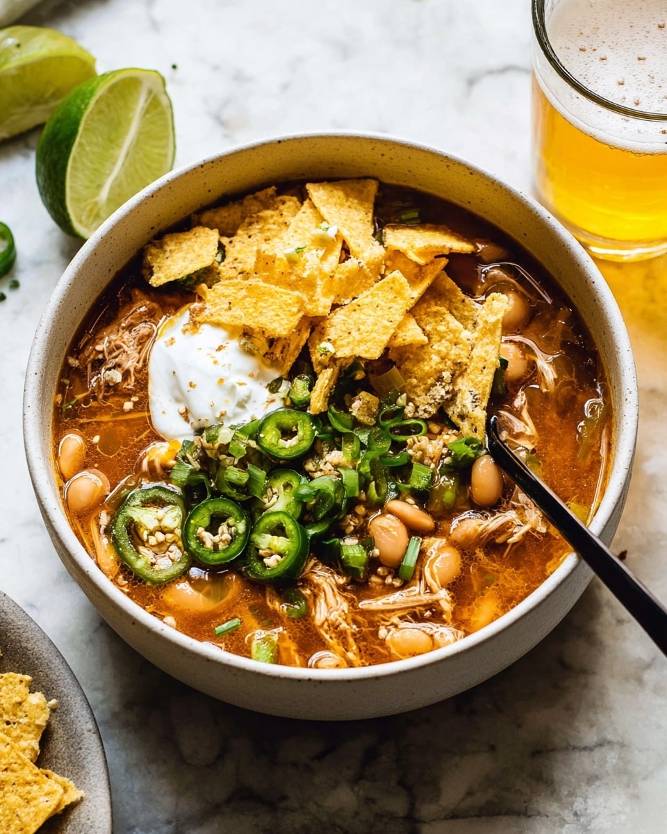 Two white bowls with dark rims are filled with a rich, reddish-brown soup, topped with a dollop of white sour cream in the center. Around the sour cream, there are crunchy, light yellow tortilla chips and crushed pieces scattered on the soup’s surface. White beans and thin green slices of jalapeño peppers float in the soup. The bowls rest on a white marbled surface, surrounded by whole tortilla chips, a halved lime, and a glass of light amber beer with foam on top. The photo has a warm, cozy feeling. photo taken with an iphone --ar 4:5 --v 7