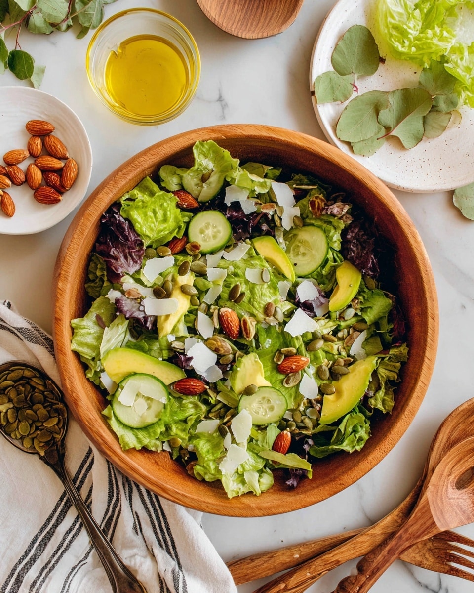 A wooden bowl filled with a fresh salad is the main focus. The salad has a base layer of green and purple leafy lettuce, topped with round slices of light green cucumber and curved slices of bright green avocado arranged in small clusters. Scattered throughout are whole almonds with a reddish-brown color and pumpkin seeds in muted green. Thin, off-white cheese shavings are spread across the salad, adding texture. Around the bowl, on a white marbled surface, there are small white plates with almonds and pumpkin seeds, a small clear glass bowl with yellow olive oil and a spoon inside, some green leaves on a white plate, and wooden salad utensils resting on a striped black and white cloth. The photo taken with an iphone --ar 4:5 --v 7
