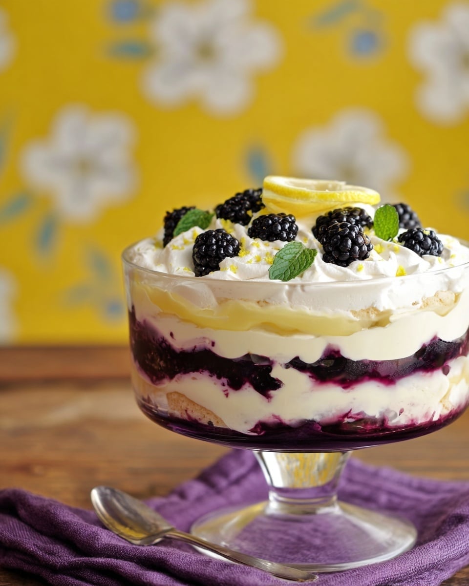The image shows a clear glass bowl with a layered dessert placed on a purple cloth over a wooden table, all set against a yellow background with white floral patterns. The dessert has multiple layers starting with a thick purple berry sauce at the bottom, followed by white cream, then a light yellow custard, layered again with white cream and more of the berry sauce, topped with a final layer of white whipped cream decorated with whole blackberries and small green mint leaves. A thin slice of lemon rests on top as a garnish. Photo taken with an iphone --ar 4:5 --v 7
