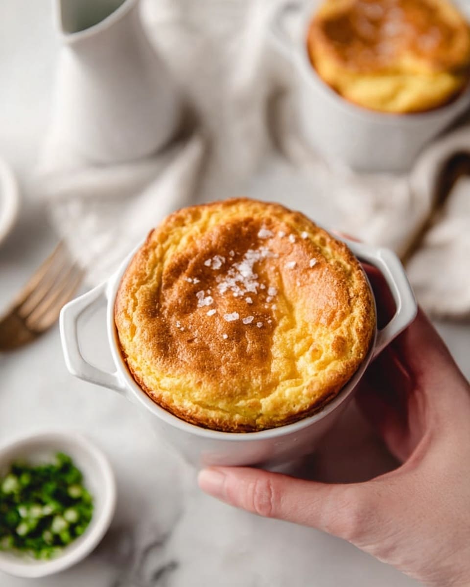 A close-up view of a white small round baking dish with two handles, filled with a single golden-brown fluffy souffle that has a slightly cracked, light, and airy texture on top, sprinkled with coarse salt crystals. A woman's hand gently holds the dish from the right side. In the background, there is another similar souffle dish, a small white bowl with chopped green herbs, a white marbled surface, a blurred fork, and a white ceramic pitcher that is partially visible. photo taken with an iphone --ar 4:5 --v 7