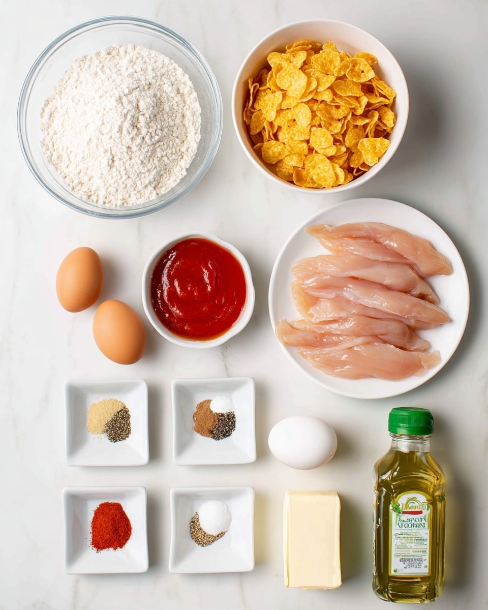 The image shows multiple ingredients laid out on a white marbled surface. In the top left is a clear glass bowl filled with white flour. To its right is a white bowl with crushed golden-yellow cornflakes. Below the flour bowl, a white round plate holds several raw, pale pink, thin chicken strips spread out evenly. To the right of the chicken, a small white square dish contains bright red sauce. Below these, a small white square plate displays six different spices in small piles, including black pepper, red, white, and beige powders. To the right, there is a small honey bear bottle, two whole white eggs, and a stick of butter still in its paper wrapper. At the bottom of the setup, a green can of avocado oil lies horizontally. All items are neatly arranged and well lit. Photo taken with an iphone --ar 4:5 --v 7