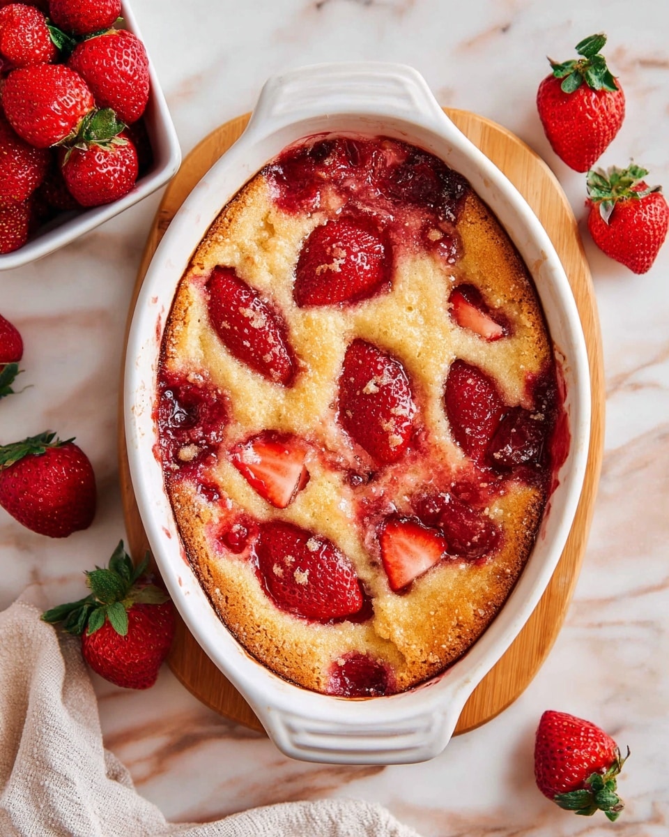 The image shows a white oval baking dish filled with a golden-brown baked dessert that has whole and halved red strawberries baked into the top. The dessert has a slightly cracked, textured crust with juicy red strawberry filling bubbling up around the edges, spilling slightly over the side of the dish. The baking dish sits on a small light wooden trivet, and around it are fresh strawberries scattered on a white marbled surface. To the top left, there is a white square bowl filled with more fresh strawberries, and at the bottom left a woman's hand is visible holding a light-colored cloth. Photo taken with an iphone --ar 4:5 --v 7