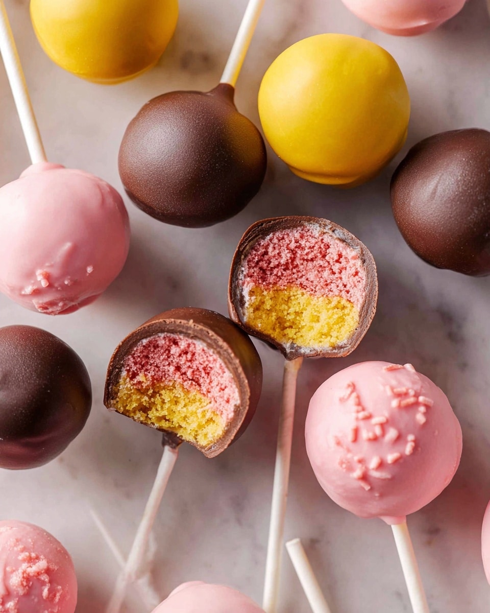 There are several round cake pops shown on a white marbled surface. Each cake pop has three visible layers: an outer smooth candy coating in colors dark brown, yellow, or pink, a middle thin chocolate or candy shell layer, and a soft, crumbly cake center in pink, yellow, or dark brown. Some cake pops have small bites taken out, revealing the cake inside. Each cake pop is placed on a white stick, and they are arranged in a scattered manner across the surface. The image shows a variety of colors and textures from the smooth candy shell to the crumbly cake inside, giving a playful and colorful look. photo taken with an iphone --ar 4:5 --v 7