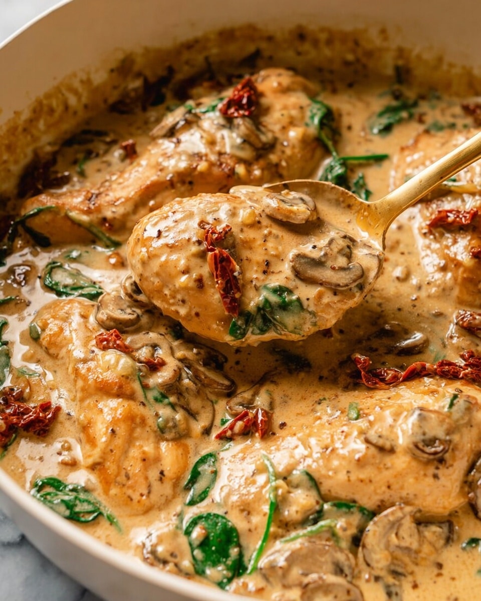 The image shows a close-up of four large light brown chicken pieces covered in a thick creamy sauce with a tan color. The sauce has small bits of red sun-dried tomatoes, green spinach leaves, and slices of mushrooms mixed in. A gold spoon is scooping sauce around one of the chicken pieces. The chicken and sauce fill a white pan, all set against a white marbled background. photo taken with an iphone --ar 4:5 --v 7