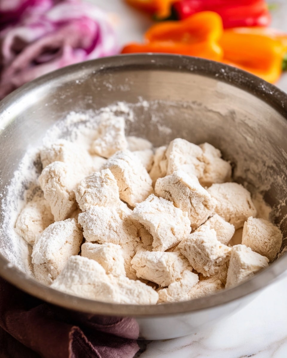 The image shows a silver mixing bowl filled with small, rough chunks of light beige dough coated lightly with white flour, giving a powdery texture on the surface of the dough pieces. In the background, there are blurred pieces of orange and red bell peppers along with a draped white and purple cloth on a white marbled surface. photo taken with an iphone --ar 4:5 --v 7