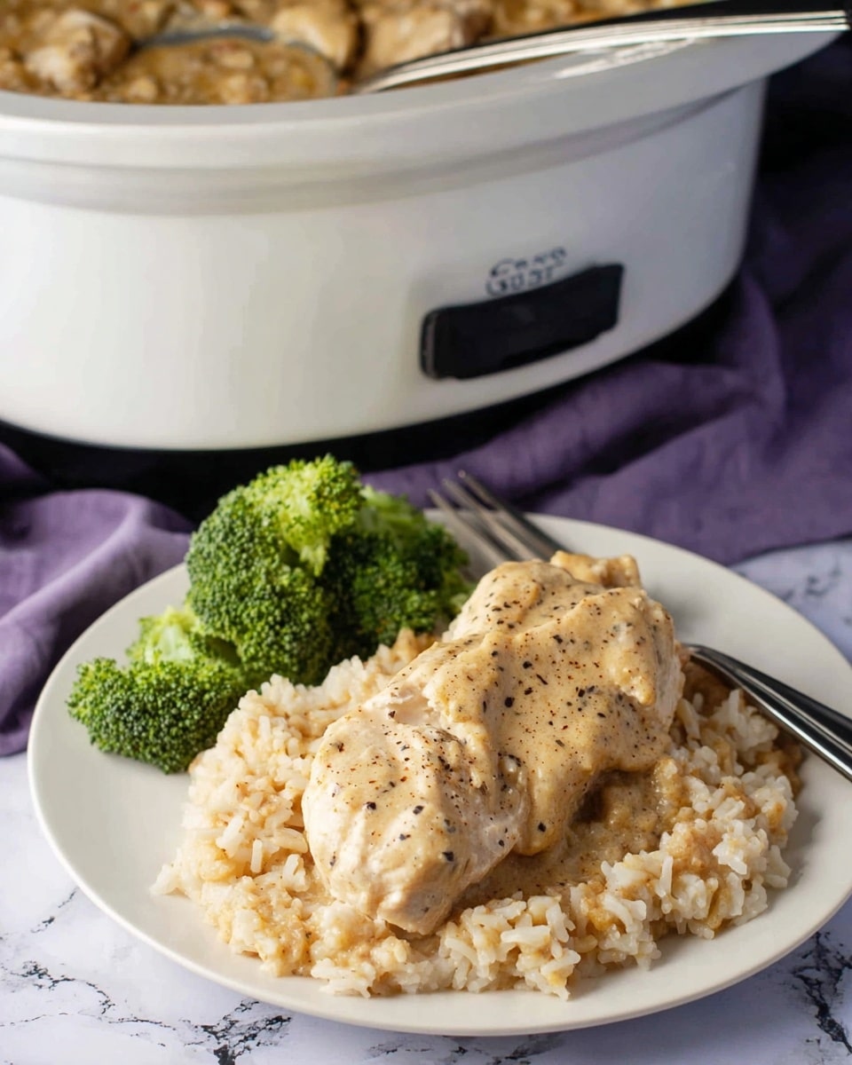A white plate is filled with two layers of chicken in a creamy beige sauce, sprinkled with black pepper, resting on a base of soft, light brown rice mixed with the sauce. To the side of the plate, there is a small bunch of bright green steamed broccoli florets. Behind the plate, part of a Crock-Pot filled with more creamy chicken and rice mixture is visible, with a spoon inside it. The plate and Crock-Pot are placed on a surface with a white marbled texture, and there is a purple cloth partially visible under the Crock-Pot. Photo taken with an iphone --ar 4:5 --v 7