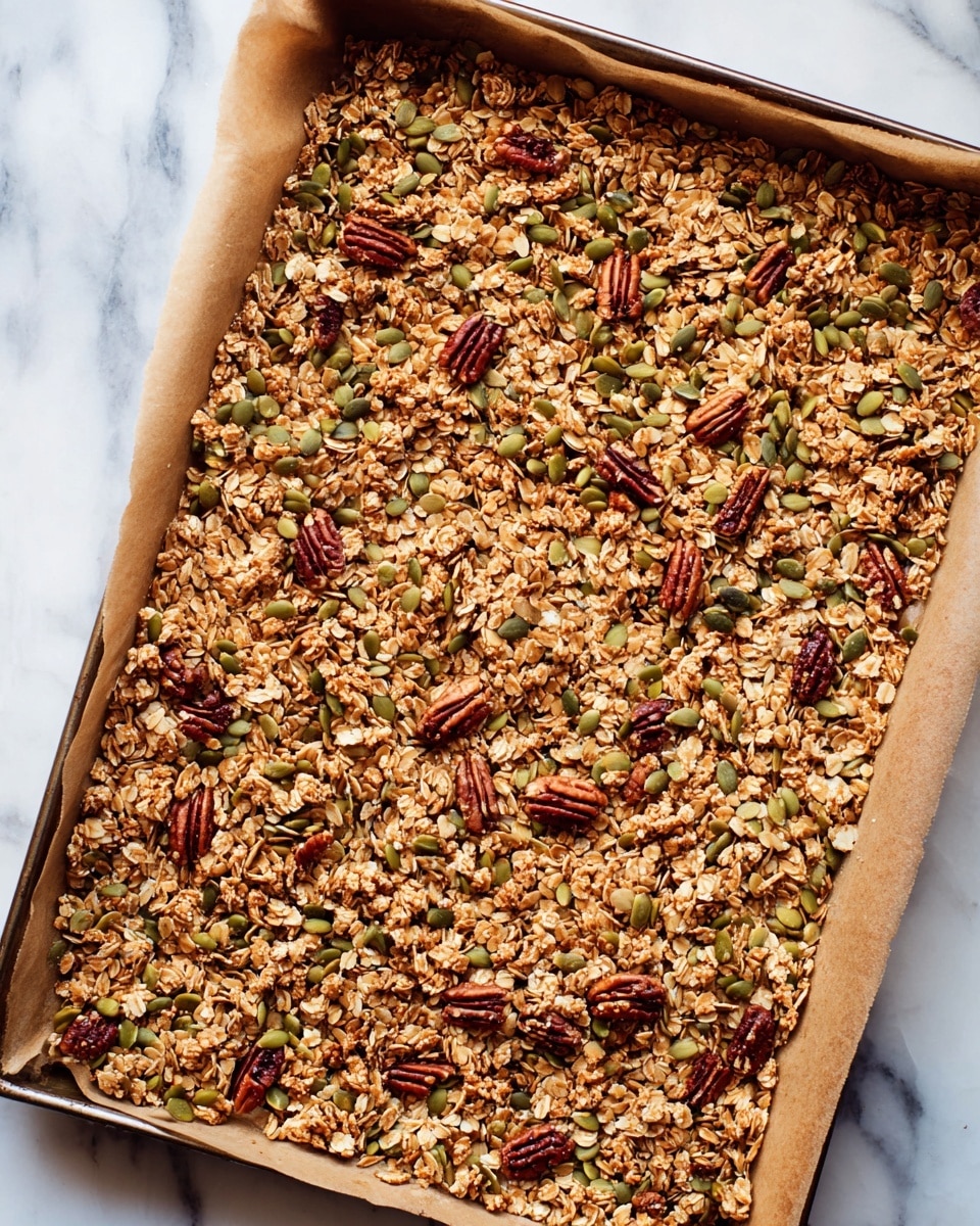 A large baking tray lined with brown parchment paper is filled with a single, even layer of golden-brown granola. The granola consists of light tan rolled oats mixed with green pumpkin seeds and scattered dark reddish-brown whole pecans, all resting on a white marbled surface. The textures range from the flaked oats to the smooth, shiny pecans, and the slightly rough pumpkin seeds, creating a visually interesting and crunchy-looking mix. Photo taken with an iphone --ar 4:5 --v 7