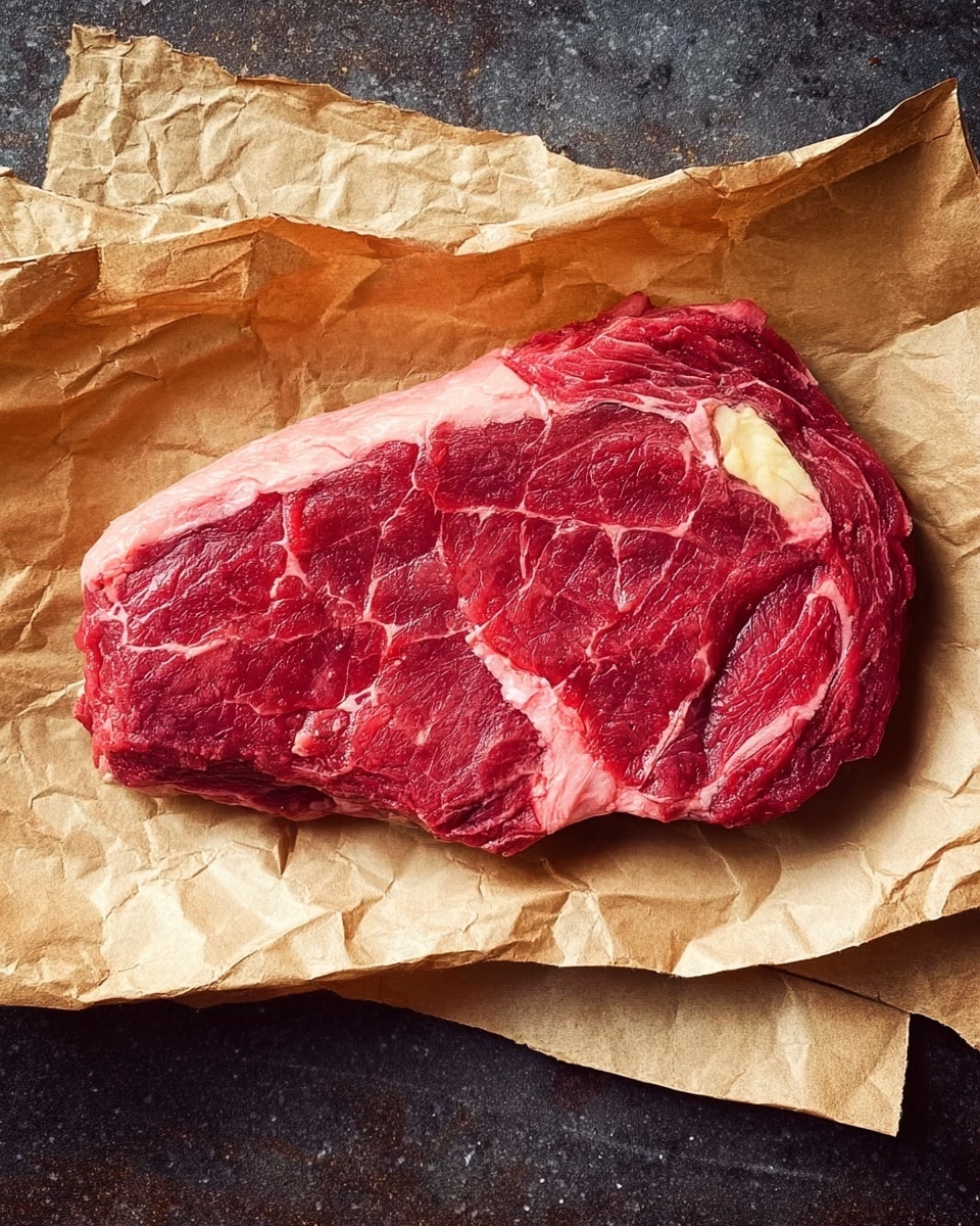 A raw piece of red meat with white marbling and fat around the edges sits flat on a light brown crumpled paper. The paper lies on a dark rough surface, but the background is changed to a white marbled texture. The meat shows soft, uneven textures with a shiny look and some pale yellow fat on one side. The scene is shot from above, showing the whole piece of meat clearly photo taken with an iphone --ar 4:5 --v 7